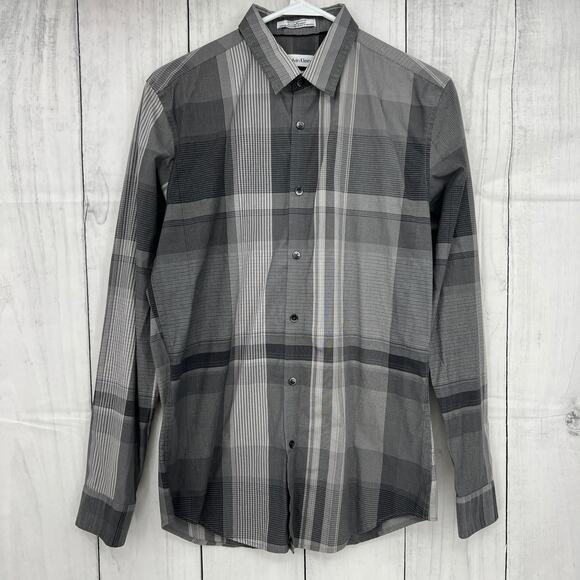 Calvin Klein SMALL (14-14.5) Mens Gray Plaid Non-Iron Fit Button Up Dress Shirt - Picture 1 of 10
